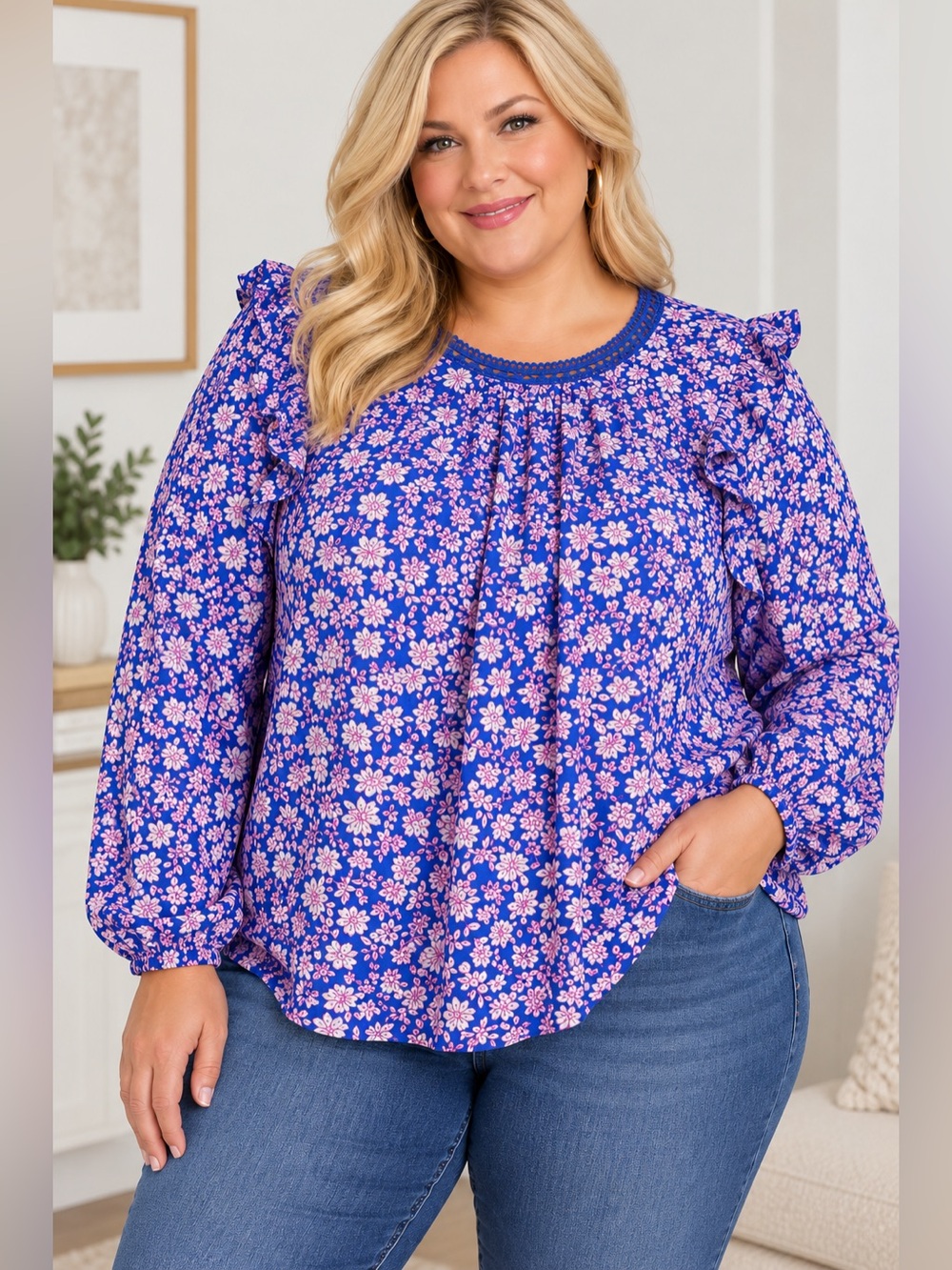 J.Crew 2X Blue Pink Floral Ruffle Long Sleeve Blouse